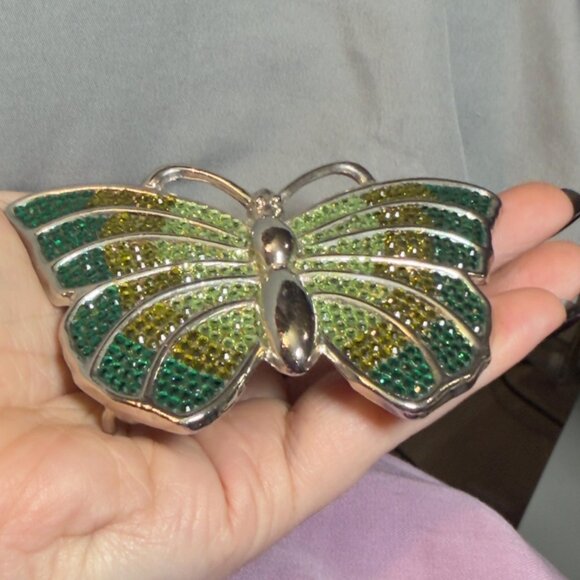 Butterfly Belt Buckle Vintage 80s Green Rhinestone Statement 4\